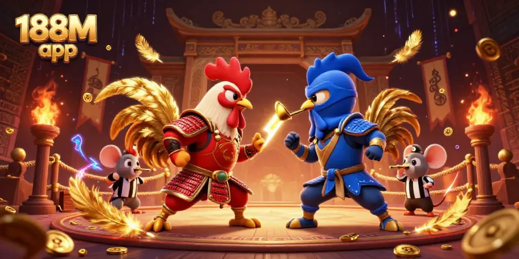 Experience dynamic casino action with the 188M app, featuring fighting roosters amidst golden feathers and gambling elements.