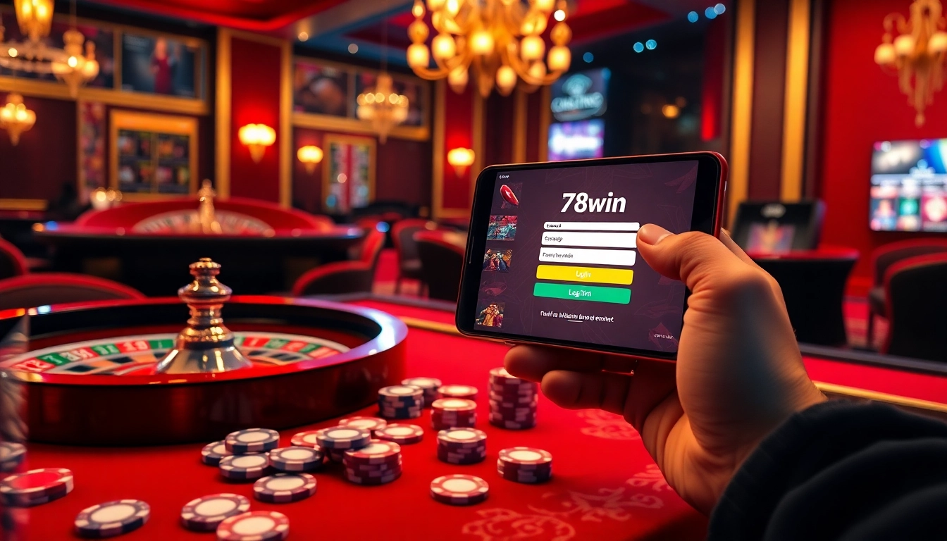 Experience the thrill of 78win đăng nhập with this immersive login scene showcasing glamorous casino elements.