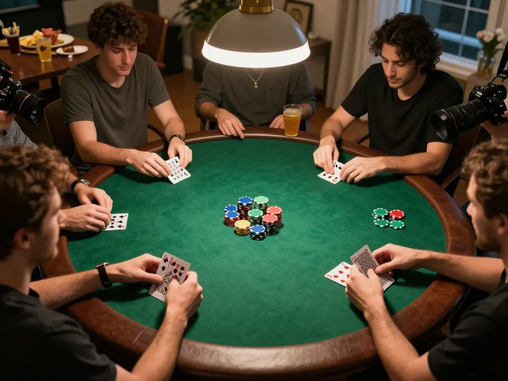Players enjoying a friendly poker night at home, showcasing the tr88 casino experience of strategic gameplay and social bonding.