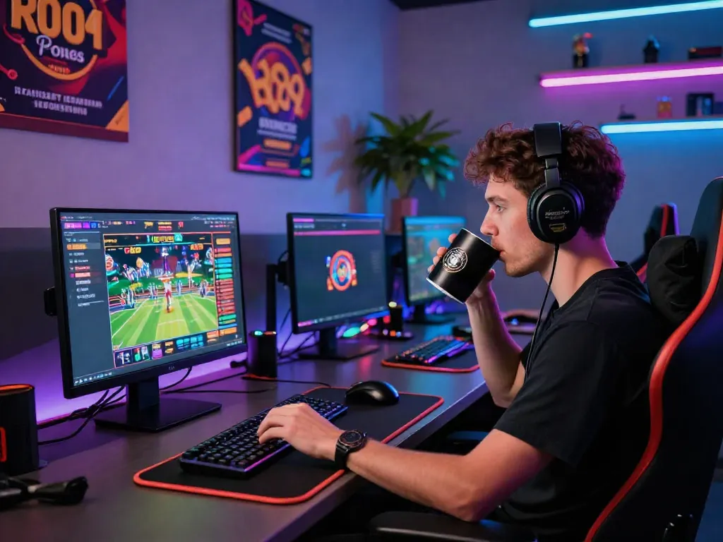 Gamer immersed in the online gaming experience at Man88, showcasing vibrant interfaces and promotions.