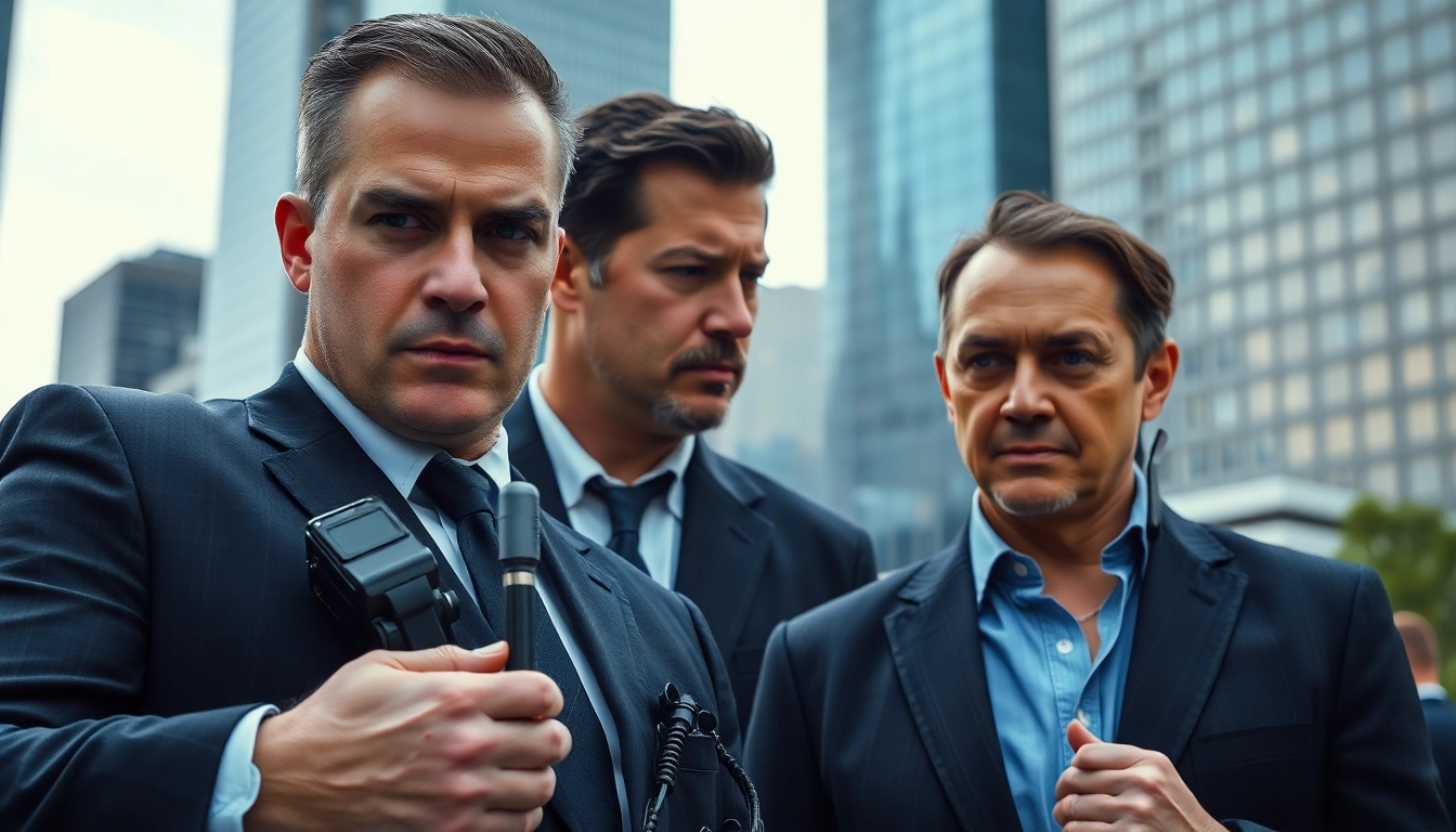 Secure HKSSC Bodyguard Service providing protection in a bustling cityscape with a vigilant bodyguard.