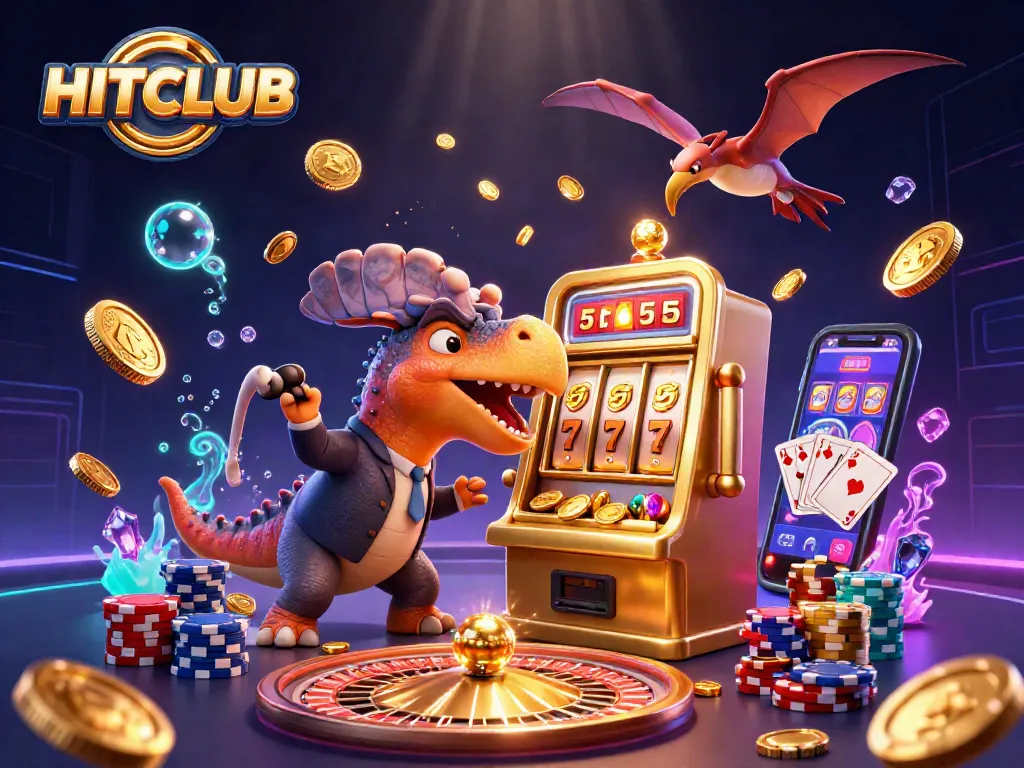 HITCLUB visuals showcase thrilling jackpot action with vibrant characters in a dynamic casino setting