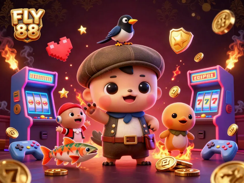Spin and win with FLY 88’s exciting slot reels and vibrant casino elements in a captivating illustration.
