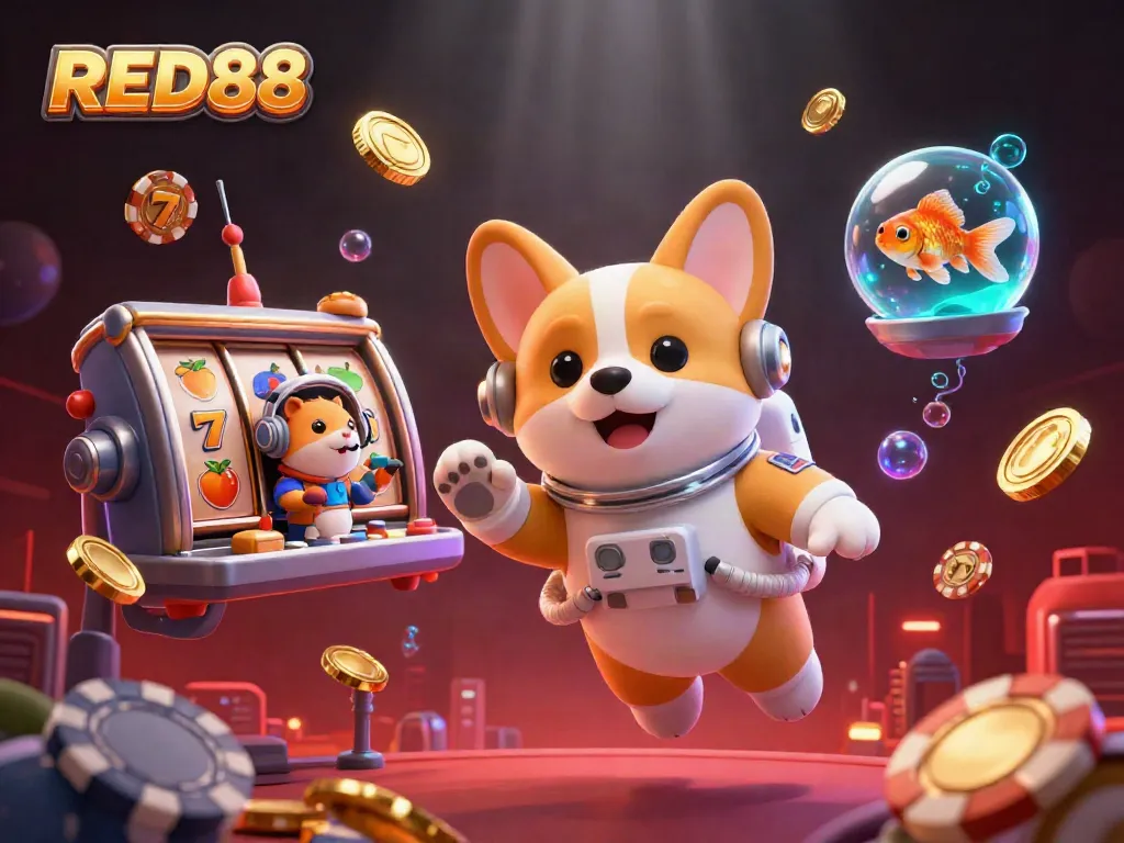 RED88 astronaut corgi engages in vibrant casino action amidst floating slot elements and golden coins.
