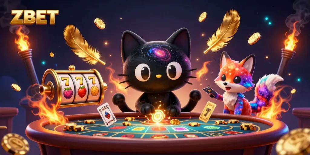 ZBET draws in casino players with cosmic charm and vibrant slot elements amidst golden tokens.