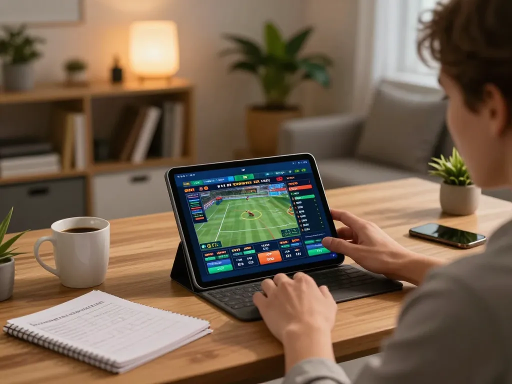 Engaging in strategic sports betting on the tablet with nhà cái 33win from a cozy home office.