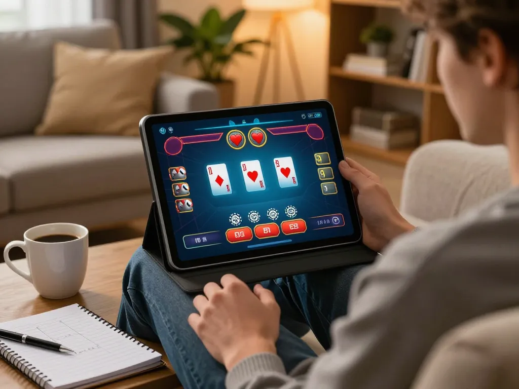 3BET poker gameplay on a tablet in a cozy home setting with strategy notes nearby
