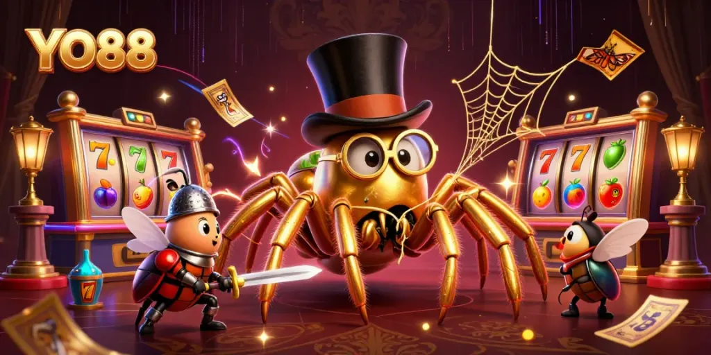 Spin to win at YO88 with a vibrant casino scene featuring dynamic slot reels and playful characters.