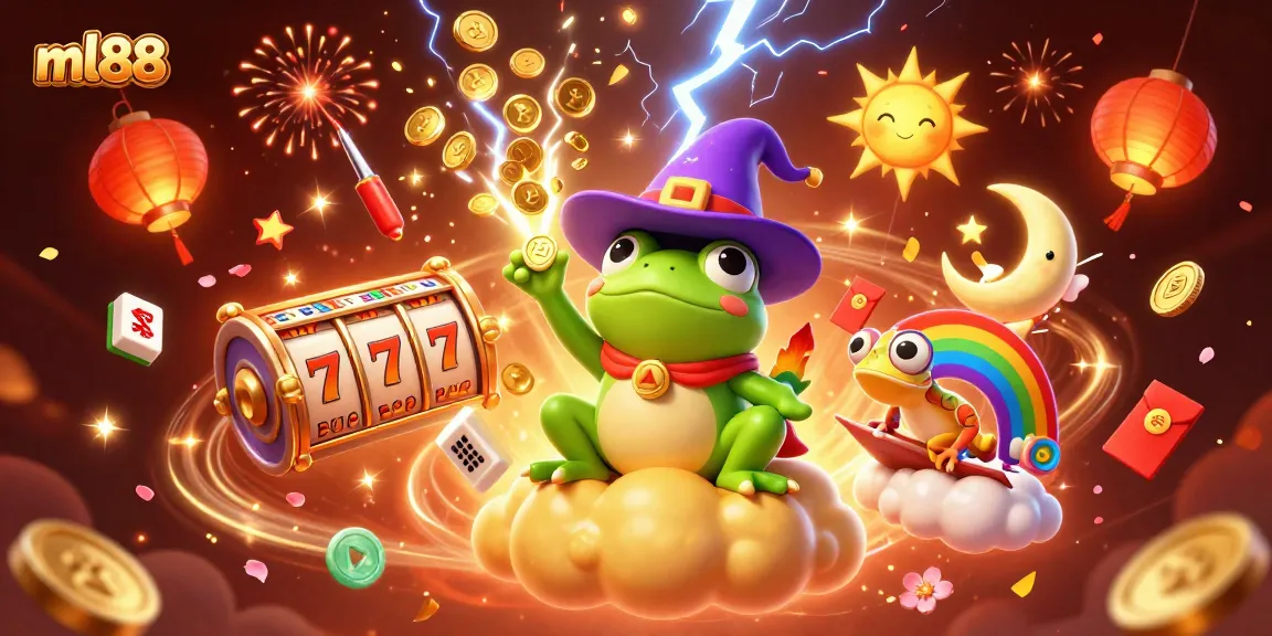 Win big with ml88 in this vibrant casino-inspired scene featuring frogs and chameleons.