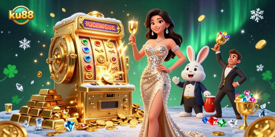 Experience the excitement at ku88 with a glamorous woman toasting beside a jackpot slot machine.