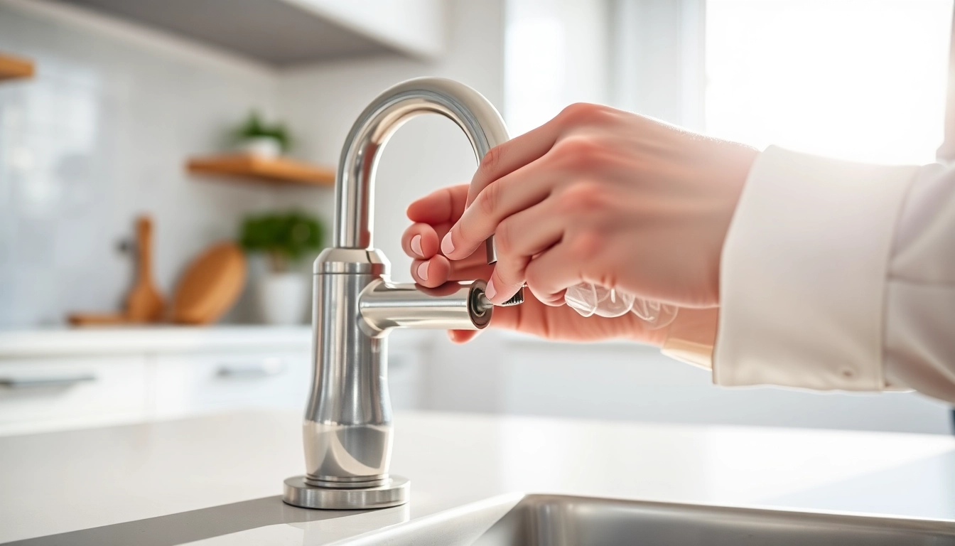 Plumber performing faucet repair in Toronto's modern kitchen, emphasizing skill and precision.