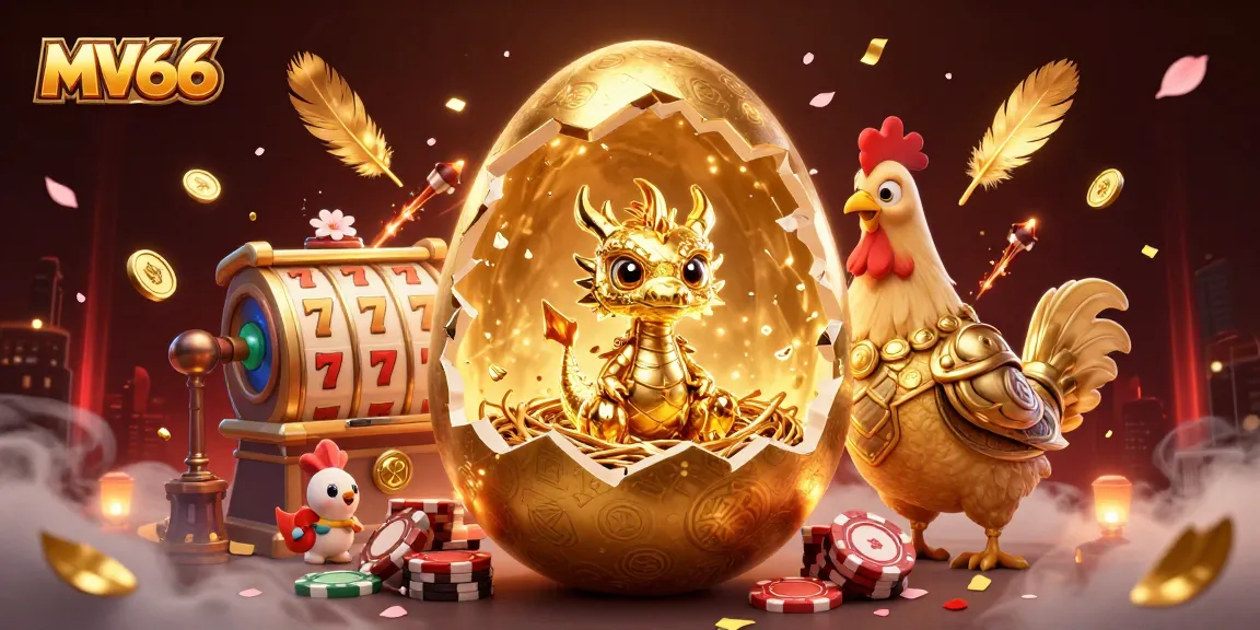 Win huge prizes at MV66 with a dazzling scene of a golden dragon amidst casino symbols and excitement.