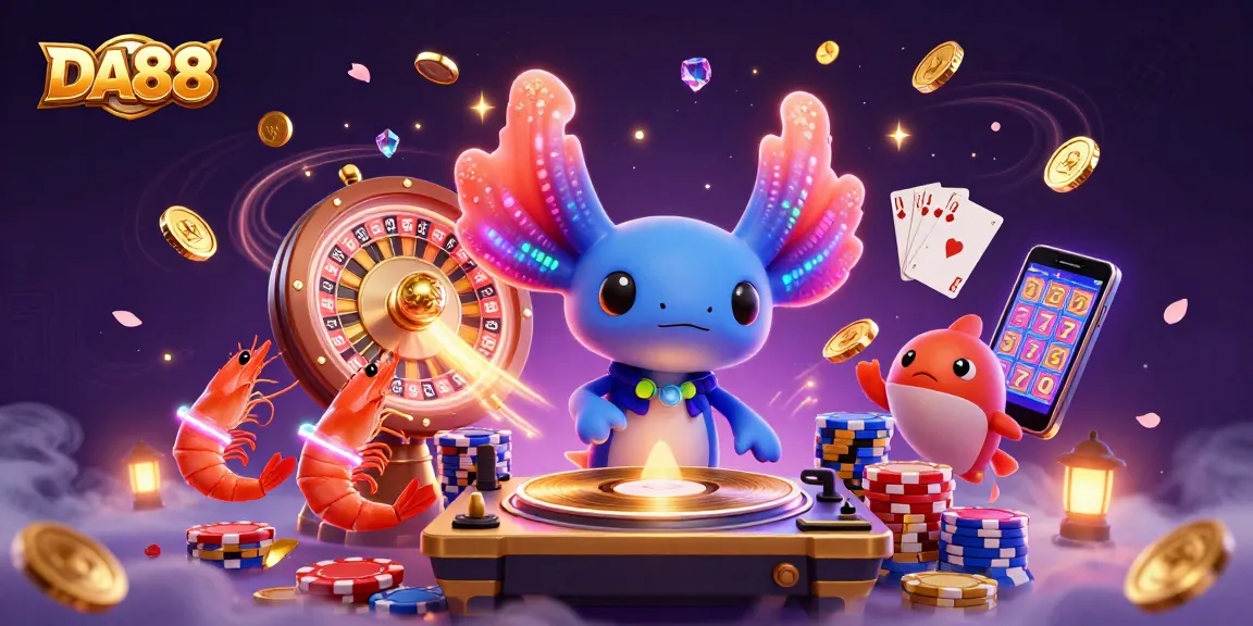 Experience thrilling gameplay at DA88 with a vibrant axolotl DJ, golden coins, and dazzling slot reels.