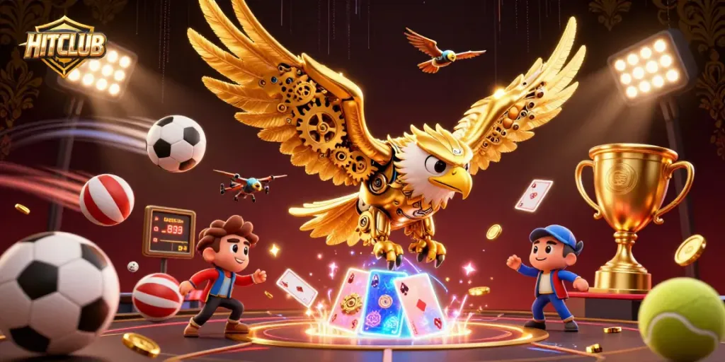 Experience HITCLUB's gaming action with a cybernetic eagle soaring amidst vibrant betting elements.