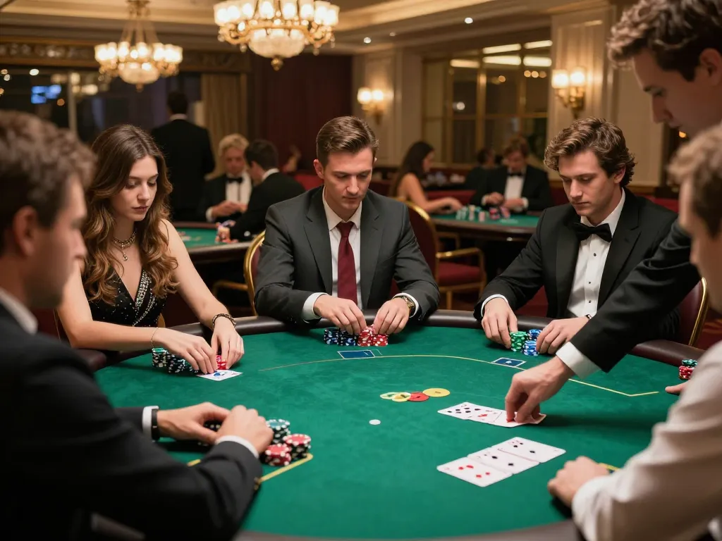 Rik88 players enjoying an intense game of poker at a luxury casino table with colorful chips.