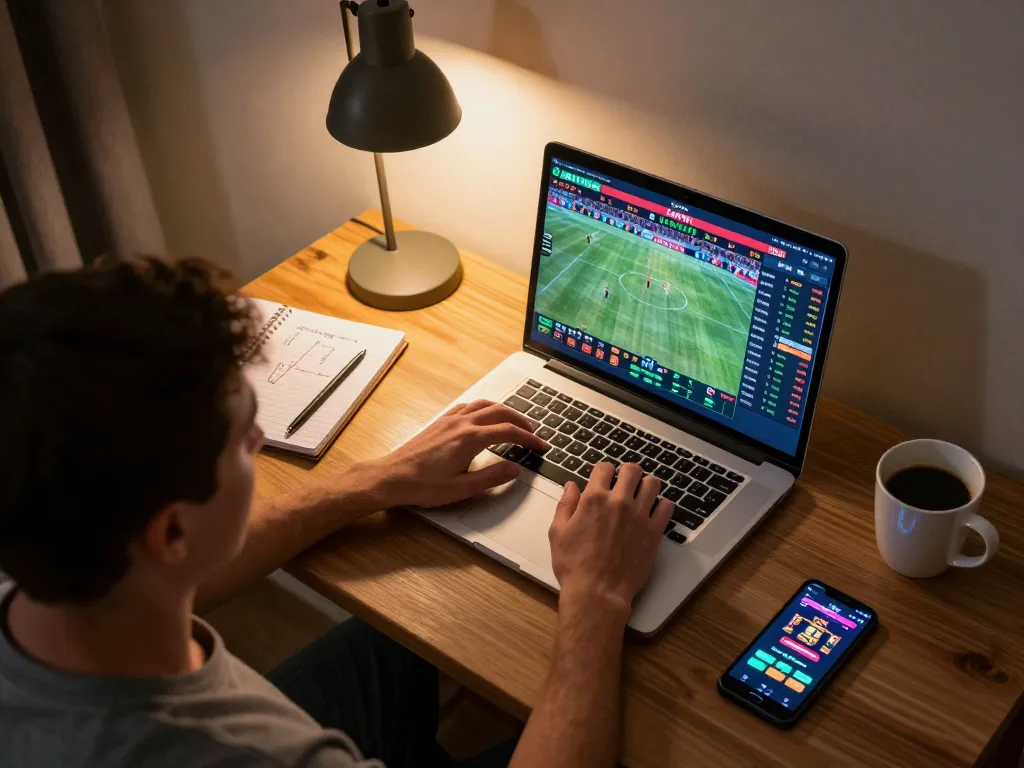Engaged player at https://www.mnm88.com/ using laptop for live betting, showcasing dynamic gaming setup