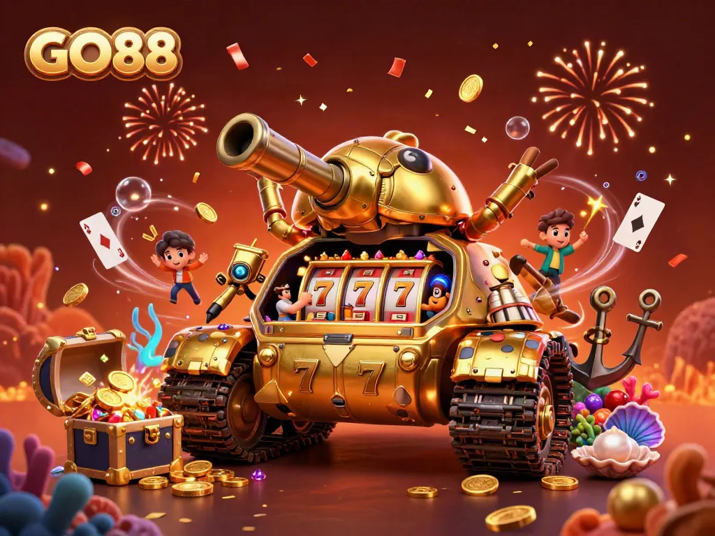 Engage with GO88's vibrant casino experience inside a massive golden tank bursting with fun!