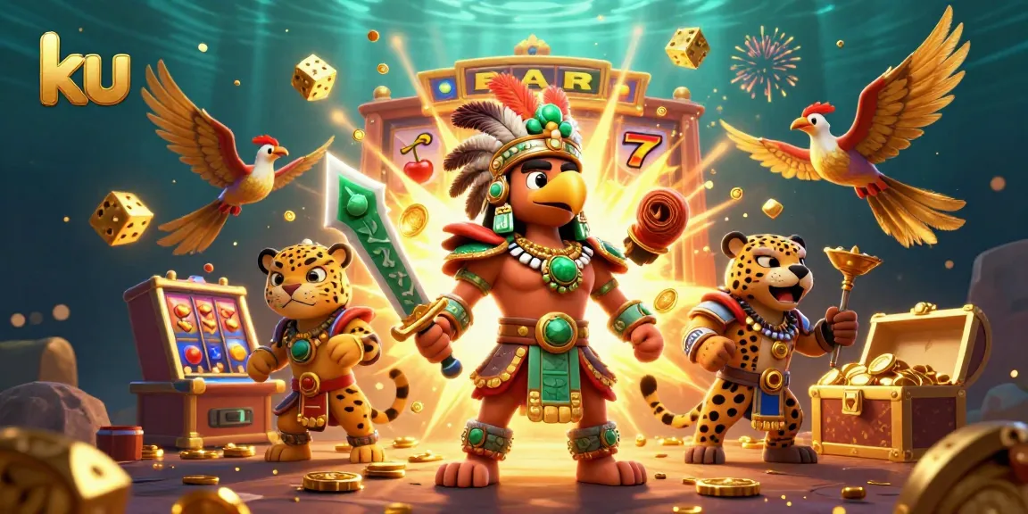 Experience exciting jackpots at ku casino with dynamic 3D illustrations of fortune elements and gaming characters.