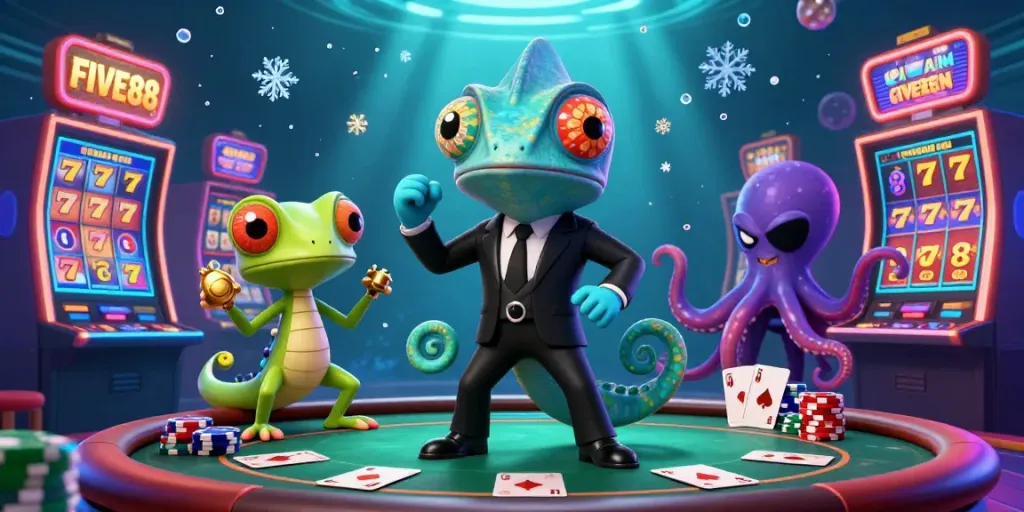 Experience thrilling gaming action with FIVE88 in this vibrant casino scene filled with colorful slot machines and poker elements.