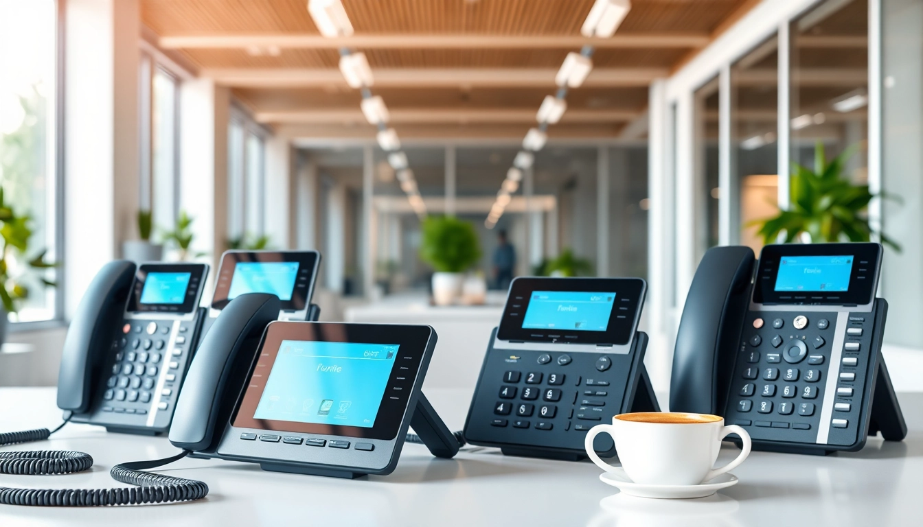 Showcasing advanced telephone systems in a modern office environment with sleek designs.