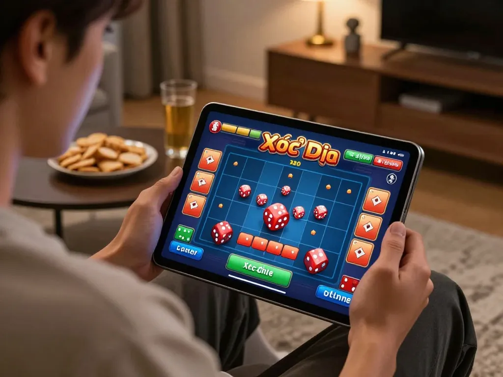 Xóc đĩa online session showing a player engrossed in gameplay on a tablet, highlighting the excitement of online gambling.