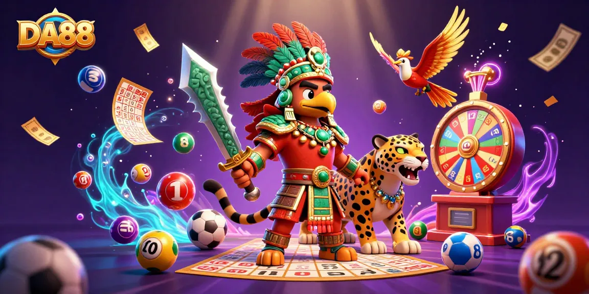 Experience the thrill of DA88 with a vibrant scene of gaming excitement from colorful lottery balls to sports trophies.