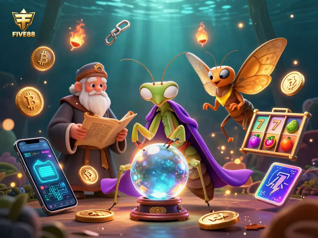 Engage with FIVE88 in a vibrant casino scene featuring 3D mystical characters and energetic gambling elements.