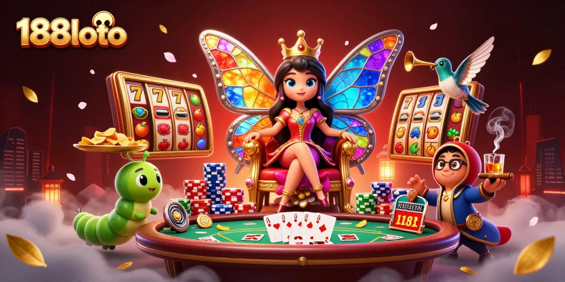 Engage in thrilling gameplay with 188loto showcasing a vibrant cartoon casino scene filled with slot machines and poker elements.