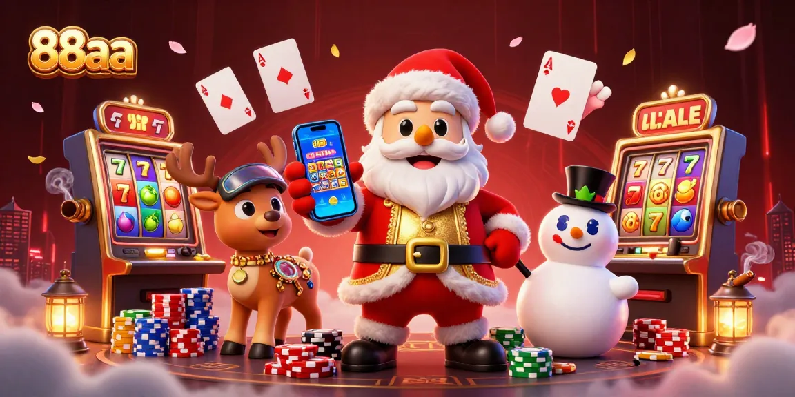 Experience thrilling jackpot slots at 88aa with Santa and his festive companions in a vibrant casino scene.