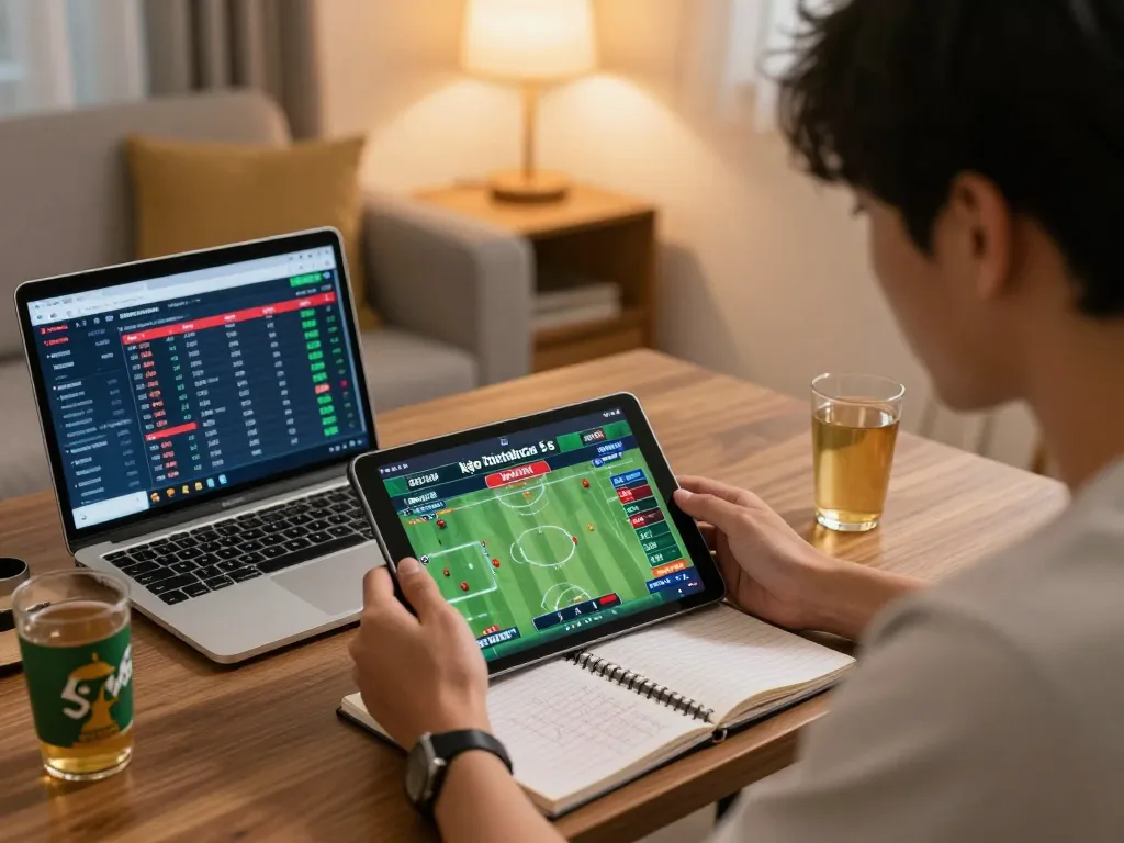Engaged player analyzing kèo nhà cái 5 odds during online sports betting at home.