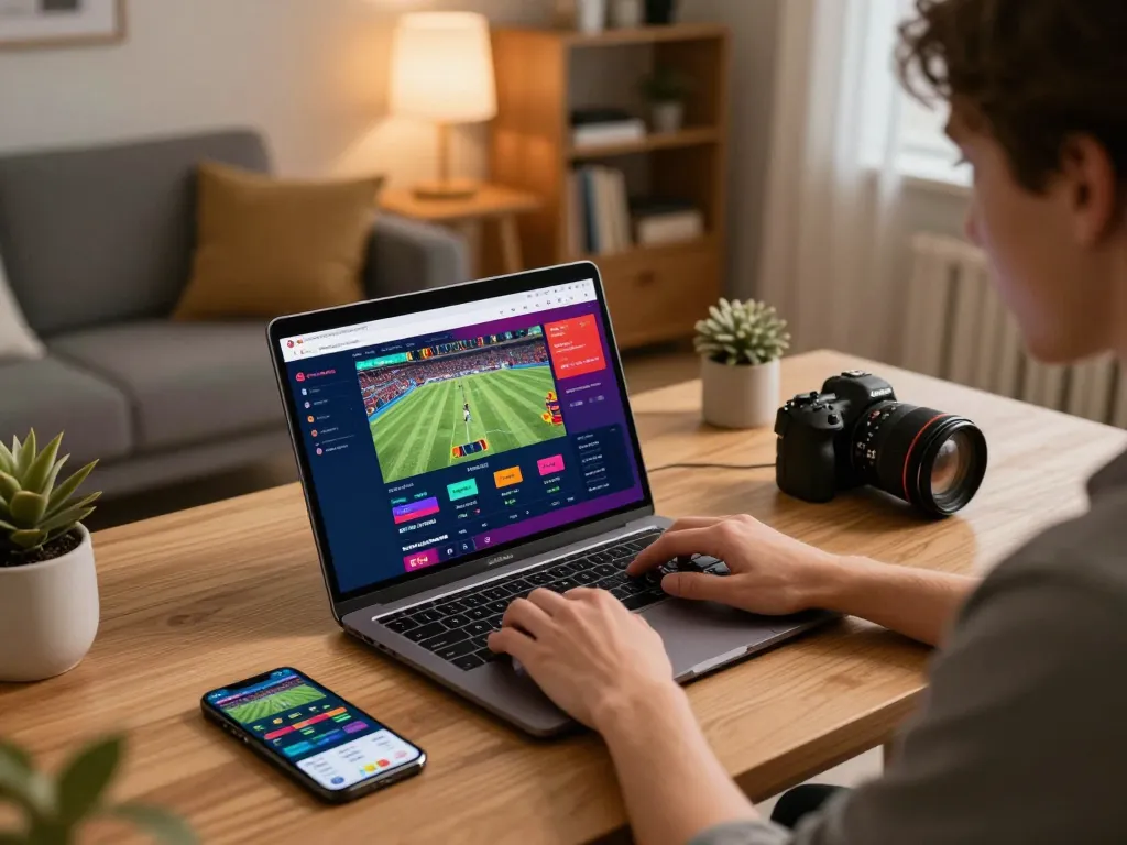 Engaging scene of a player using a laptop for nhà cái rr88 sports betting, displaying vibrant match scores
