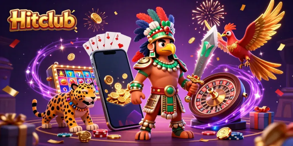 Spin slots and win big with Hitclub in this vibrant 3D casino scene.