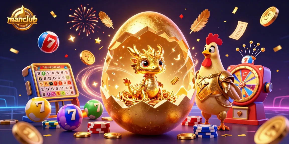 Experience the thrill of manclub's golden egg revealing a jackpot-ready dragon amidst vibrant casino elements.