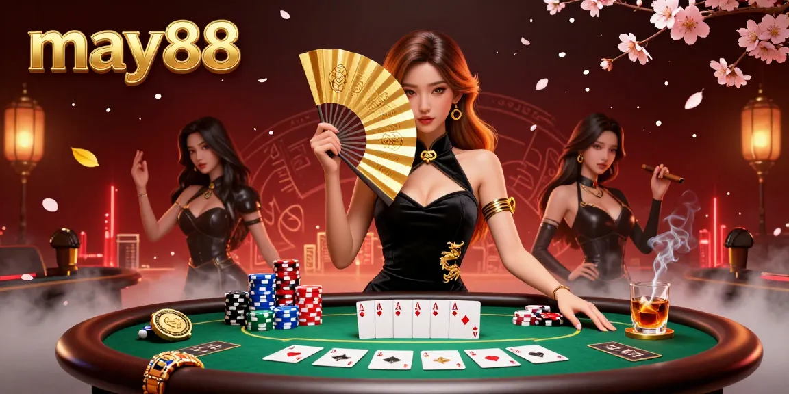Engage with the captivating may88 scene featuring poker elements and a stunning Asian character.