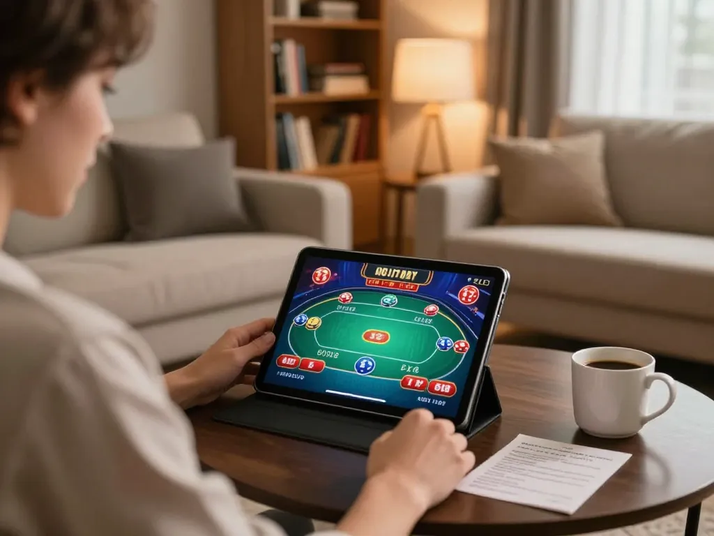 Player engaging with u88 online casino on tablet in cozy living room, capturing strategic gaming atmosphere.