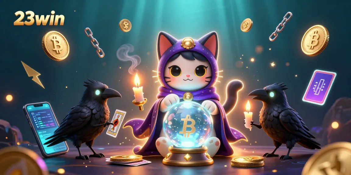 Experience thrilling gaming with 23win, featuring a vibrant mystical scene with crypto elements.