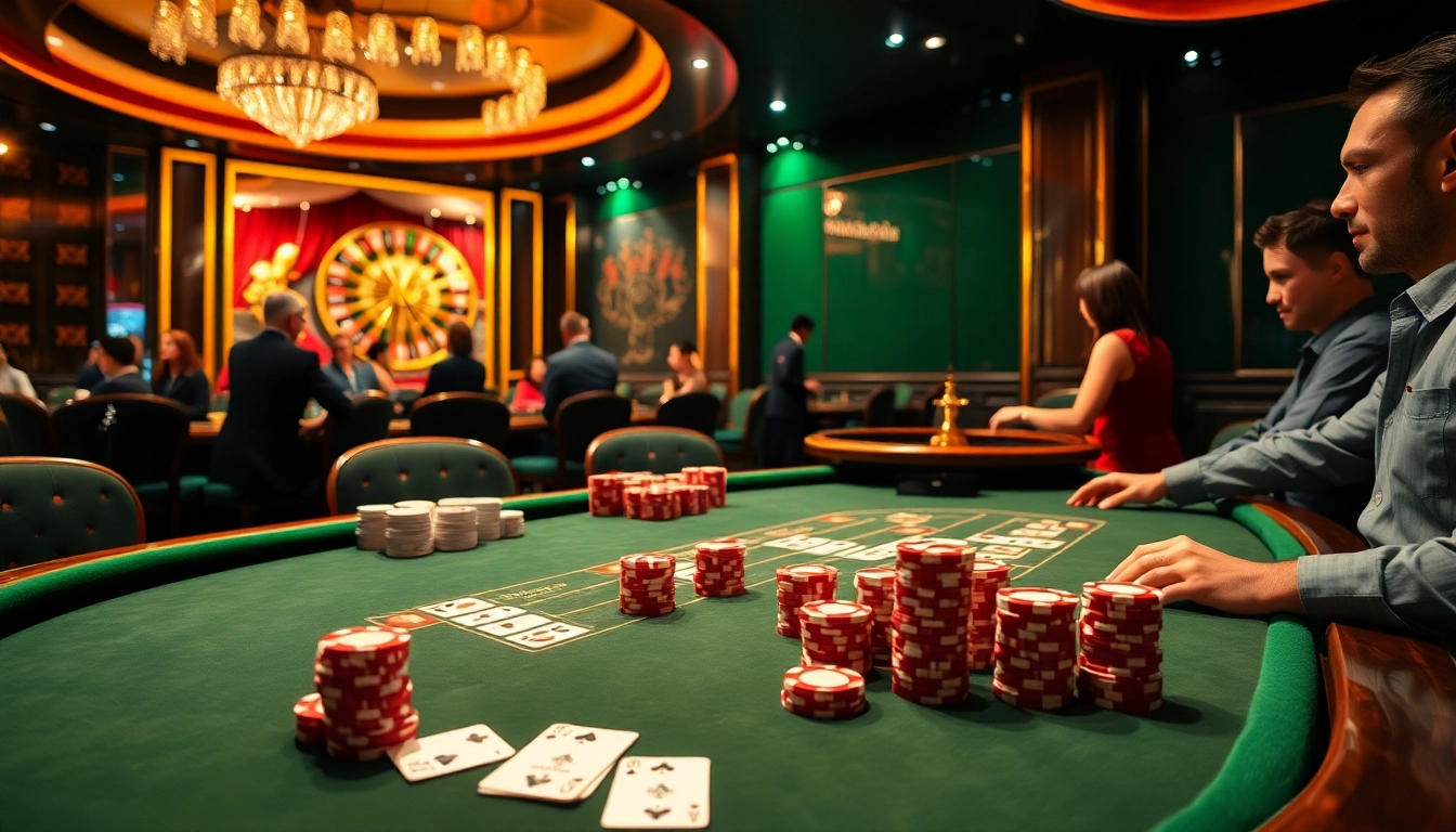 Players enjoying a thrilling game at qq88 casino, with poker chips and cards in action.