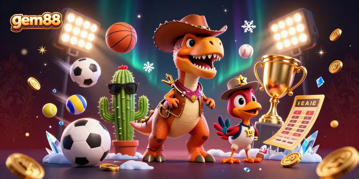 Experience thrilling gaming with gem88 as a cartoon cowboy dinosaur, cactus, and roadrunner celebrate sports and betting.