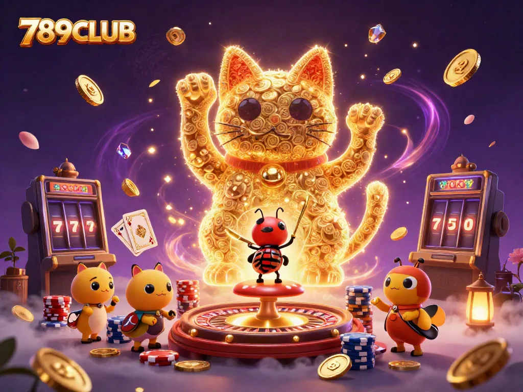 789CLUB's lucky cat animated with casino symbols amid sparkling confetti and game elements.
