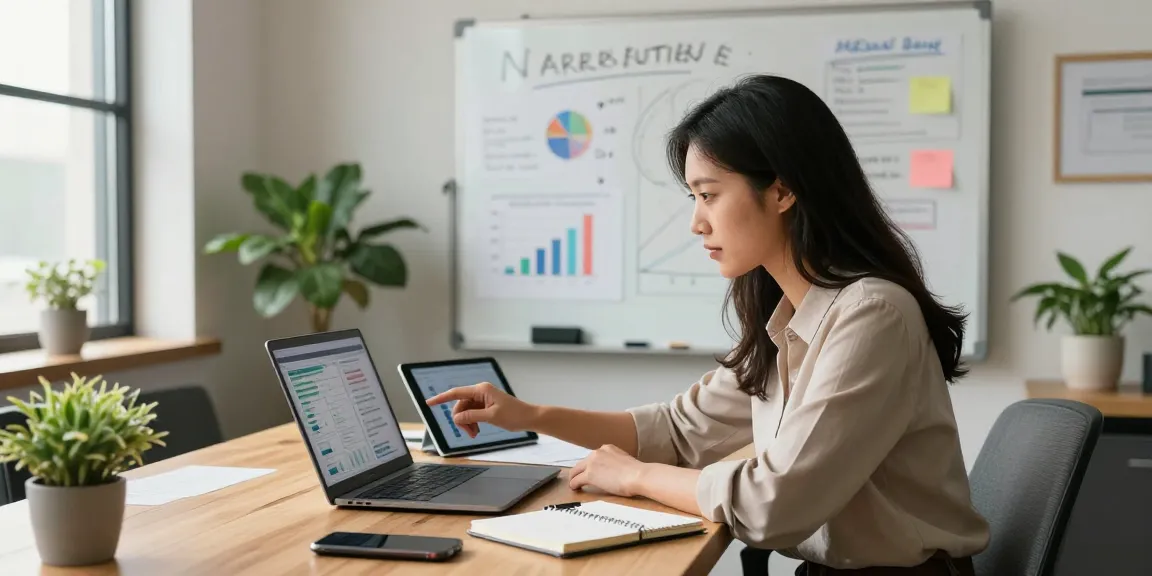 Digital marketing strategist Canada analyzing data in a modern office setting with charts and notes.