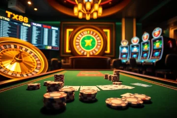Experience exhilarating play at TX88 casino with high-quality poker chips and vibrant slot machines.