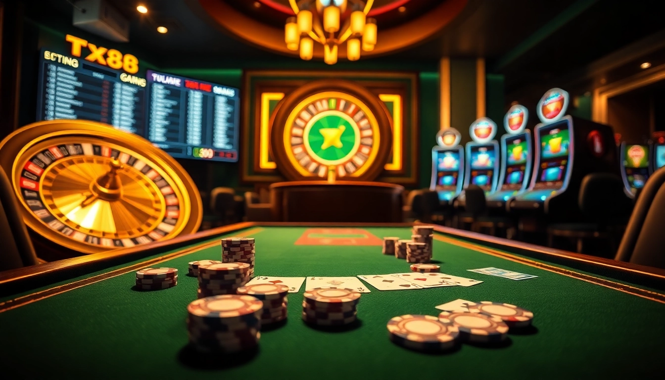 Experience exhilarating play at TX88 casino with high-quality poker chips and vibrant slot machines.