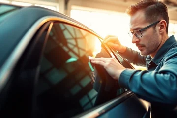 Apply auto window tint near me with precision in a professional garage setting.