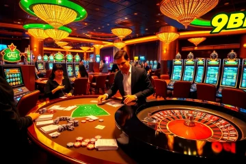 Players engaging in a thrilling moment with 9BET at a luxurious casino featuring roulette and slot machines.