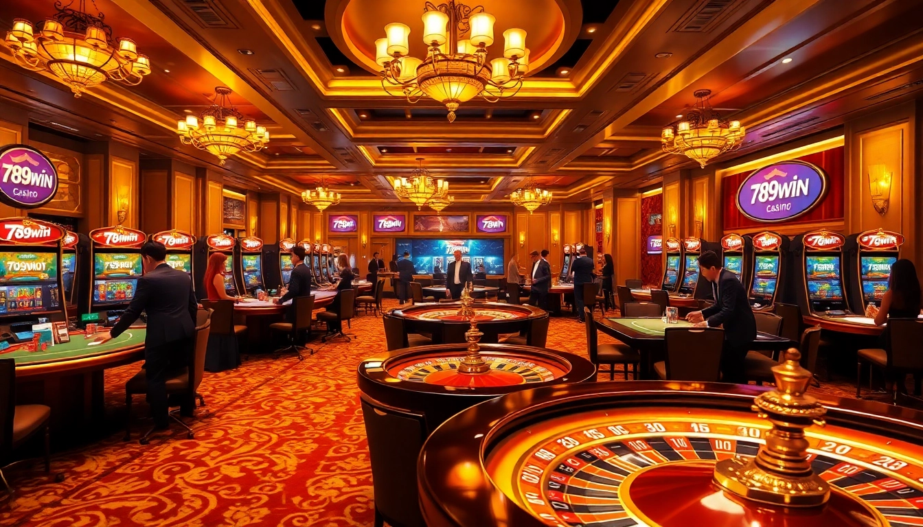 Experience the thrill of gambling at 789win's luxurious casino, featuring vibrant slot machines and poker tables.