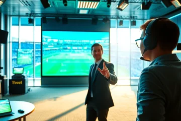 Engaging sports broadcasting presenter in a vibrant studio setting during a live event.