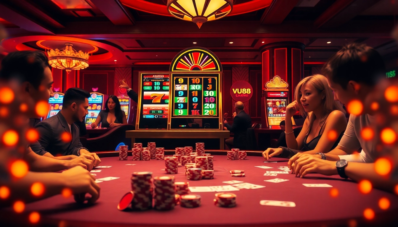 Players enjoying the thrill of gambling at https://vu88.tech/ with vibrant poker chips and dynamic casino layout.