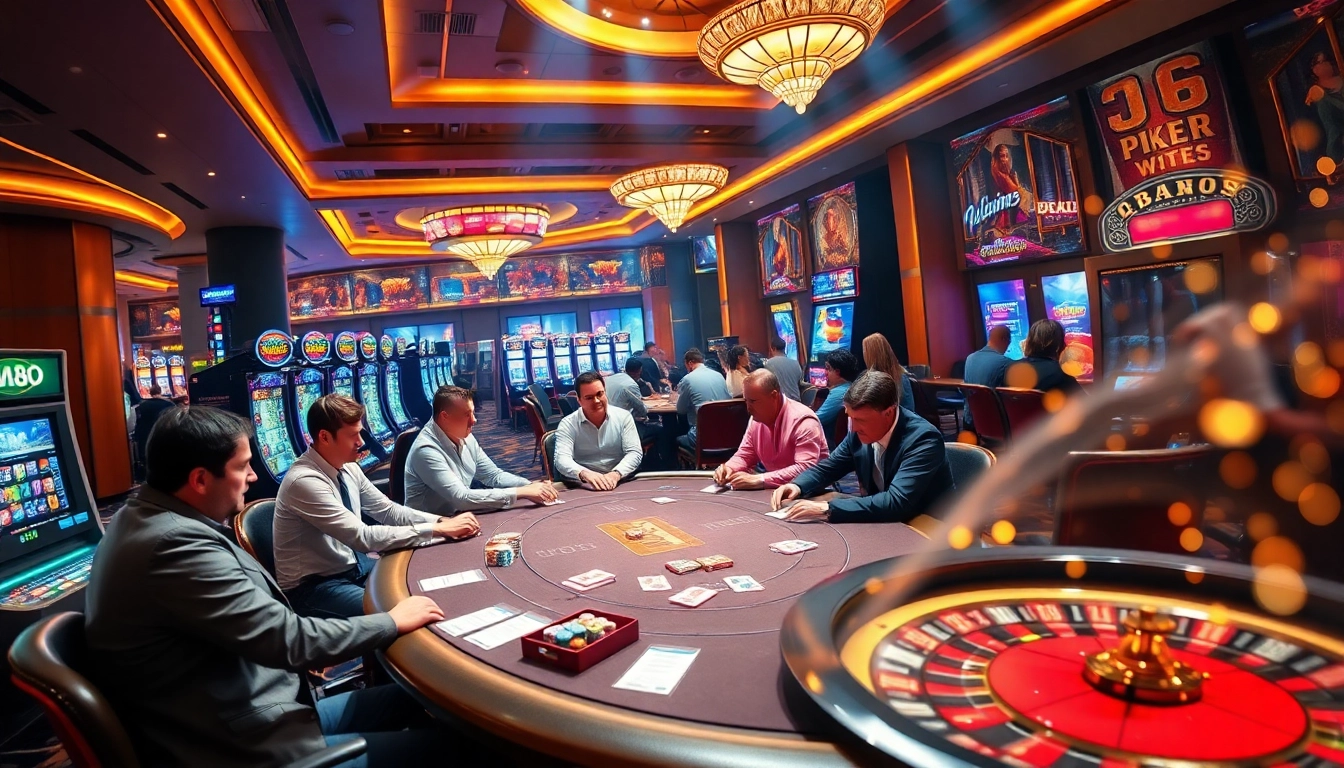 Experience MM88's thrilling casino atmosphere with poker tables, colorful chips, and vibrant slot machines.