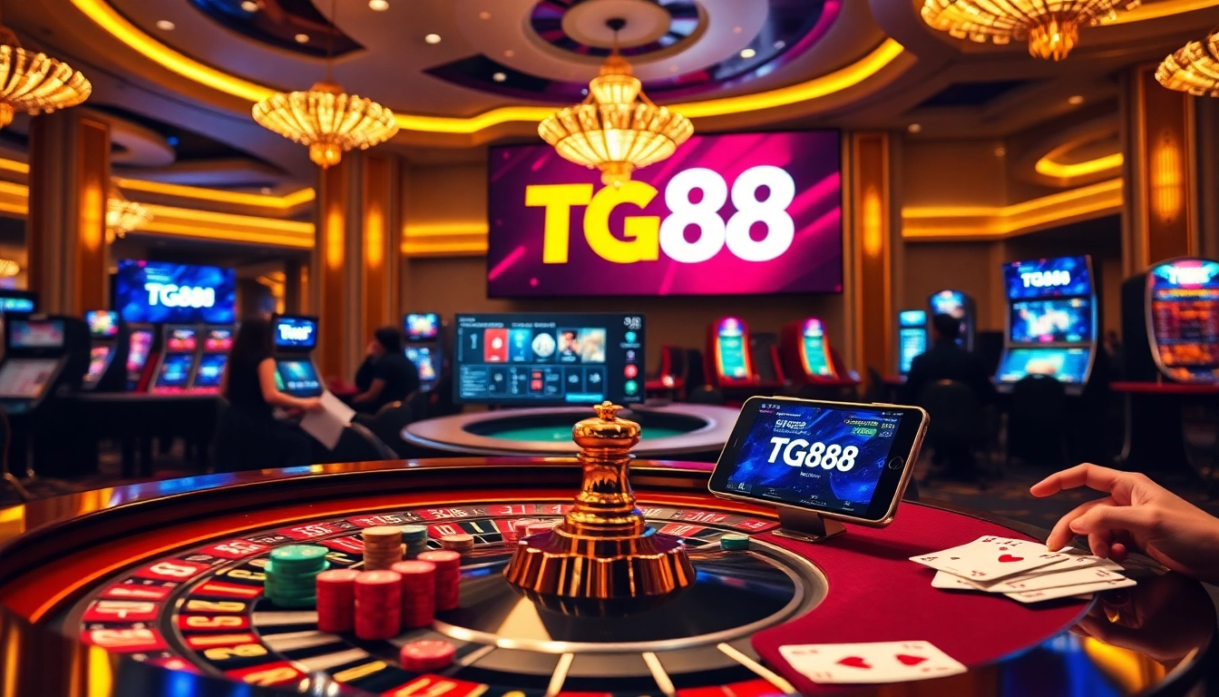 Experience thrilling gaming action at TG88 casino with vibrant poker cards and roulette table.
