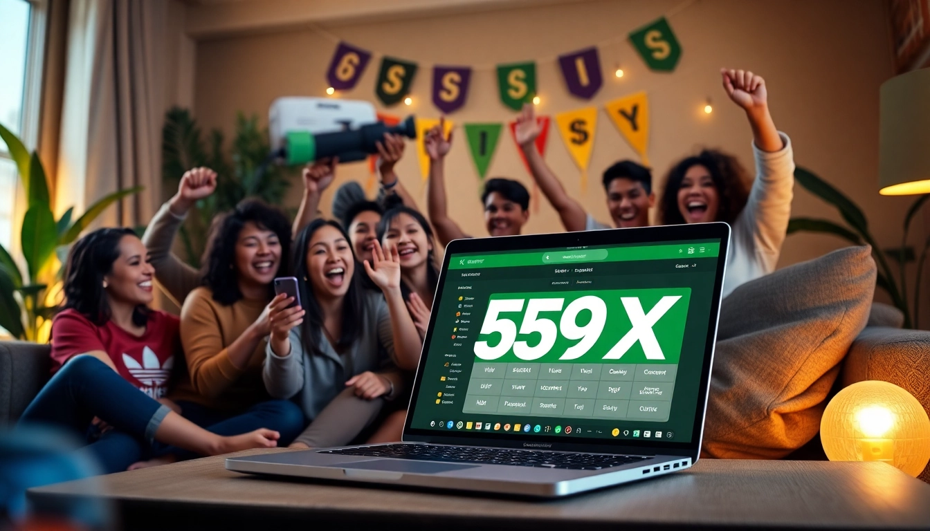 Engaging scene of diverse players enjoying the 559X online betting platform with excitement and celebration.